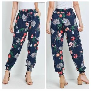 Navy Floral Elastic Cuff Pants